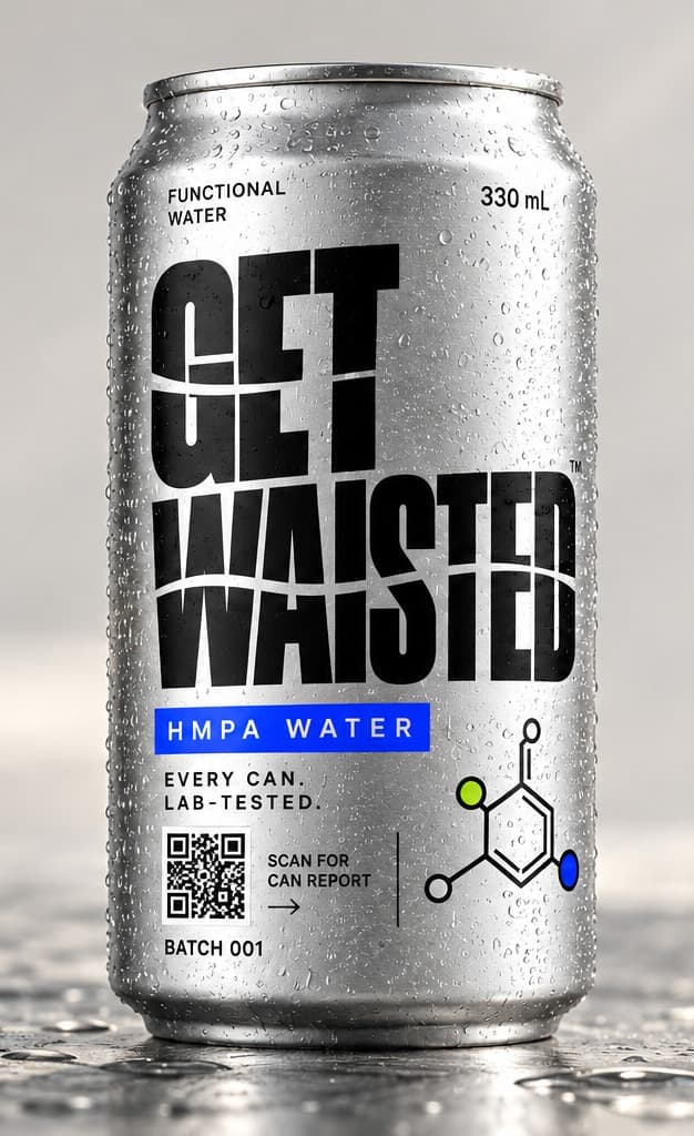 A cold, silver Get Waisted can covered in condensation